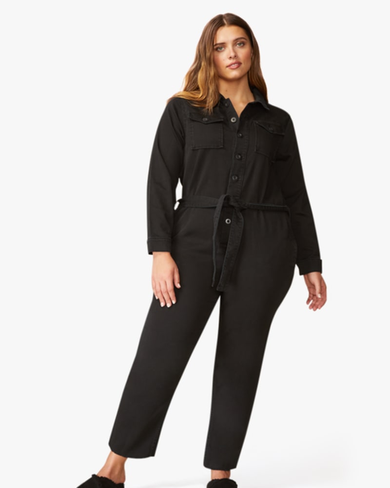 Front of a model wearing a size 1XL Uni Belted Jumpsuit in SABER by Warp + Weft. | dia_product_style_image_id:248985